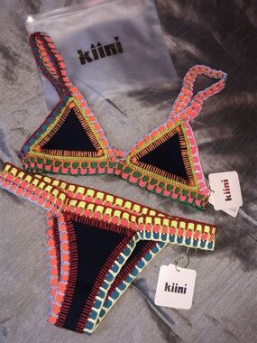 KIINI Navy Crochet-Trim Bikini with Neon Multicolor Stitching